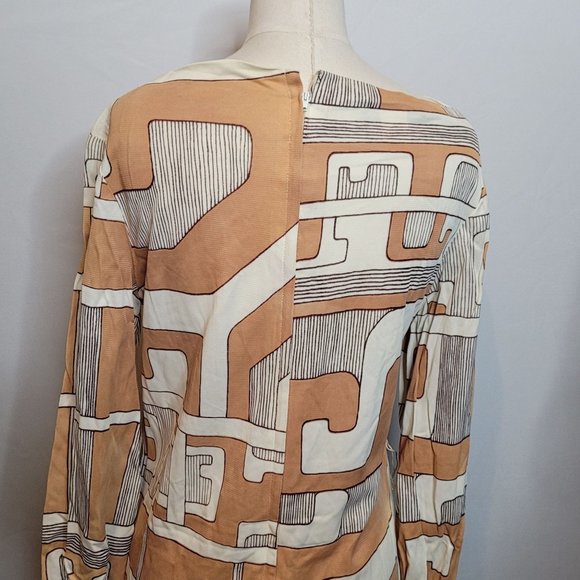 Vintage Dress Acetate Abstract Geometric Tan White Short Long Sleeve Sz 10 Tags - Picture 9 of 13